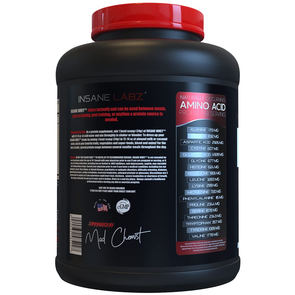 Insane Labz Insane Whey vanilla bottle displayed on a gym counter.