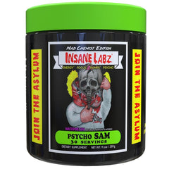 Insane Labz Psycho Sam watermelon powder scoop ready for a workout energy boost.