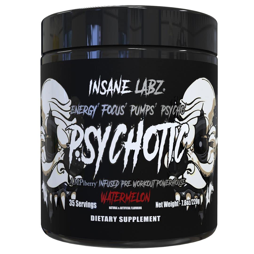 Insane Labz Psychotic Black Watermelon powder tub showing flavor and premium packaging