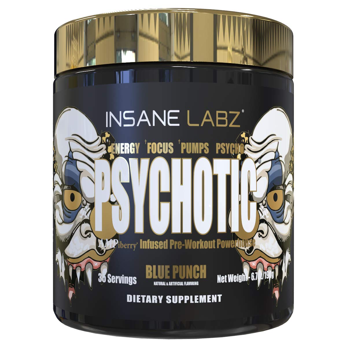 Insane Labz Psychotic Gold bottle front with blue punch flavor and energy potential.