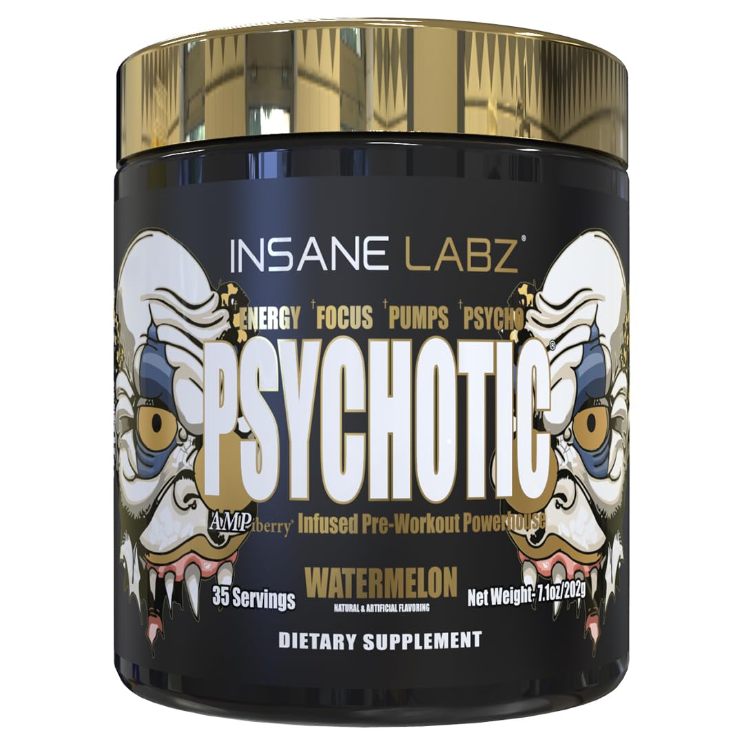 Insane Labz Psychotic Gold bottle ready to fuel intense training sessions.