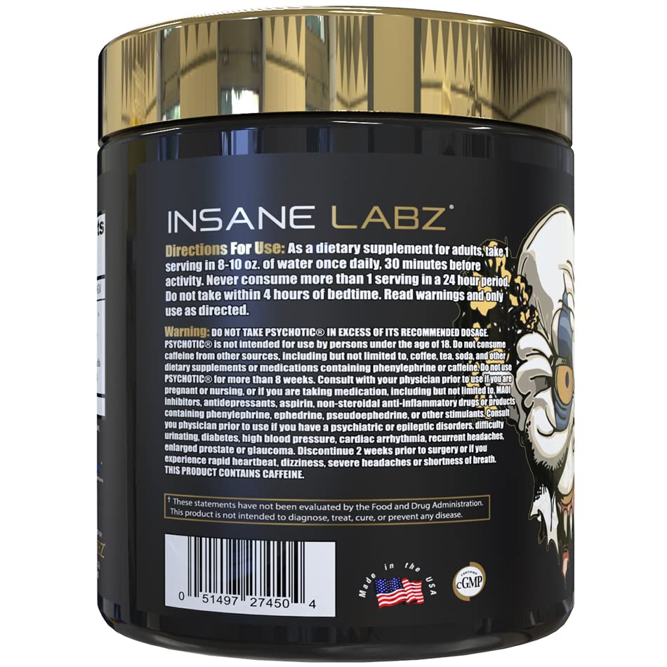 Psychotic Gold label closeup highlighting ingredients and focus-enhancing potential.