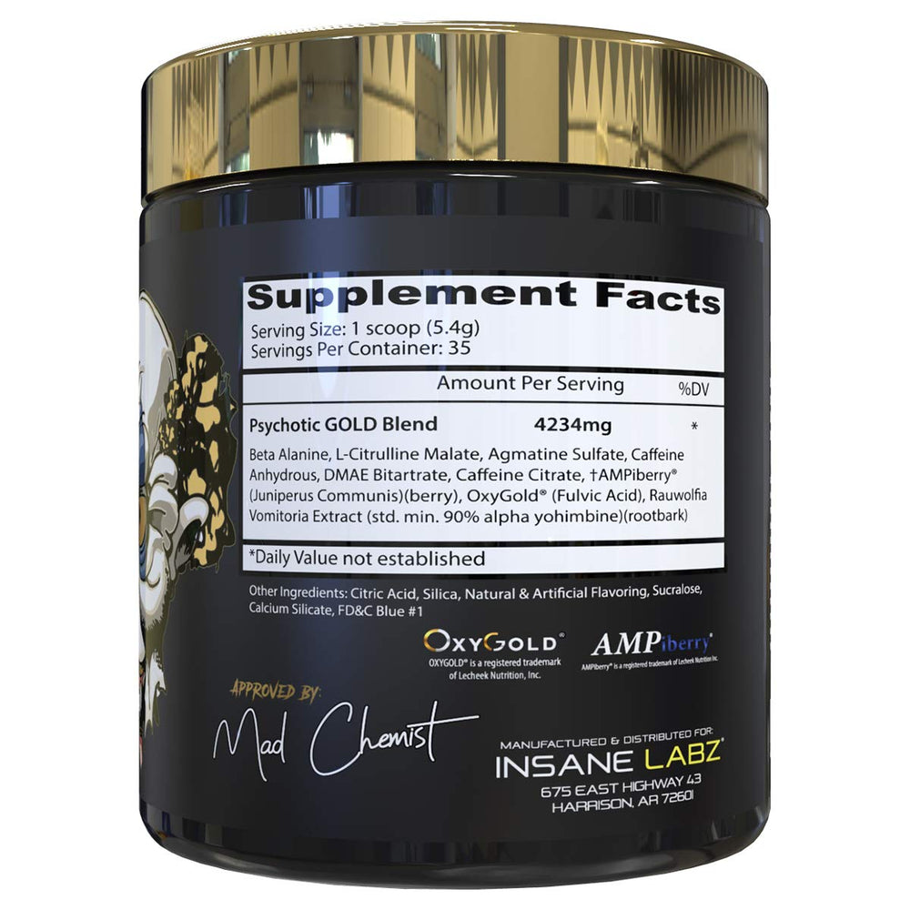 Insane Labz Psychotic Gold powder scoop ready for a precise pre-workout serving.