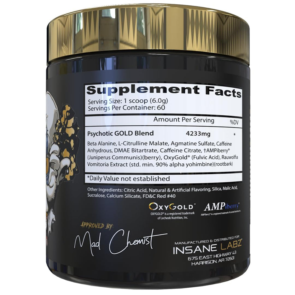Psychotic Gold powder scoop ready for a pre-workout energy boost session.