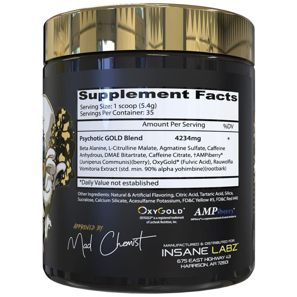 Insane Labz Psychotic Gold tub back reveals ingredients and dosage for informed use.