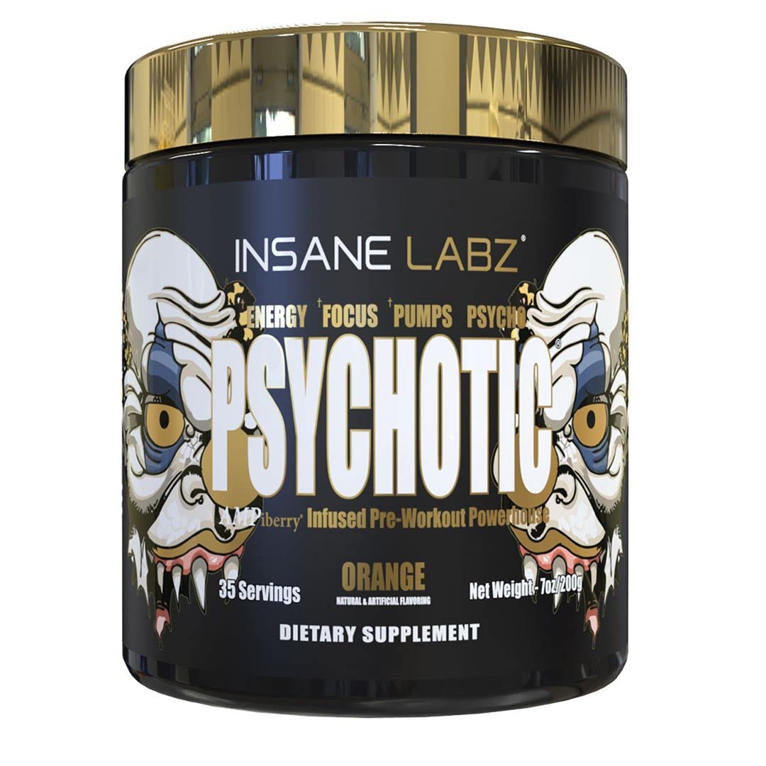 Insane Labz Psychotic Gold tub front, vivid orange powder for energized training sessions.
