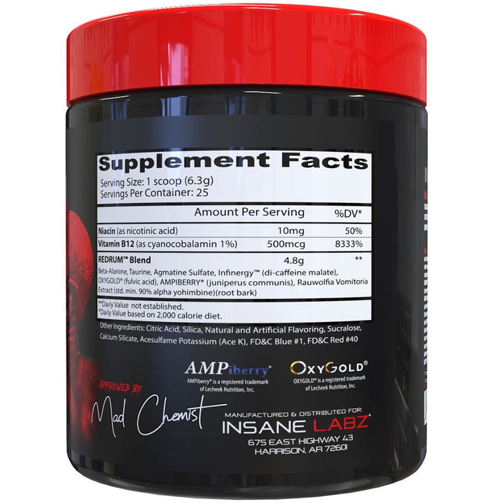 Insane Labz Redrum canister back with ingredients and usage notes