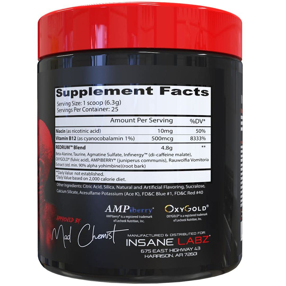 Insane Labz Redrum canister back with ingredients and usage notes