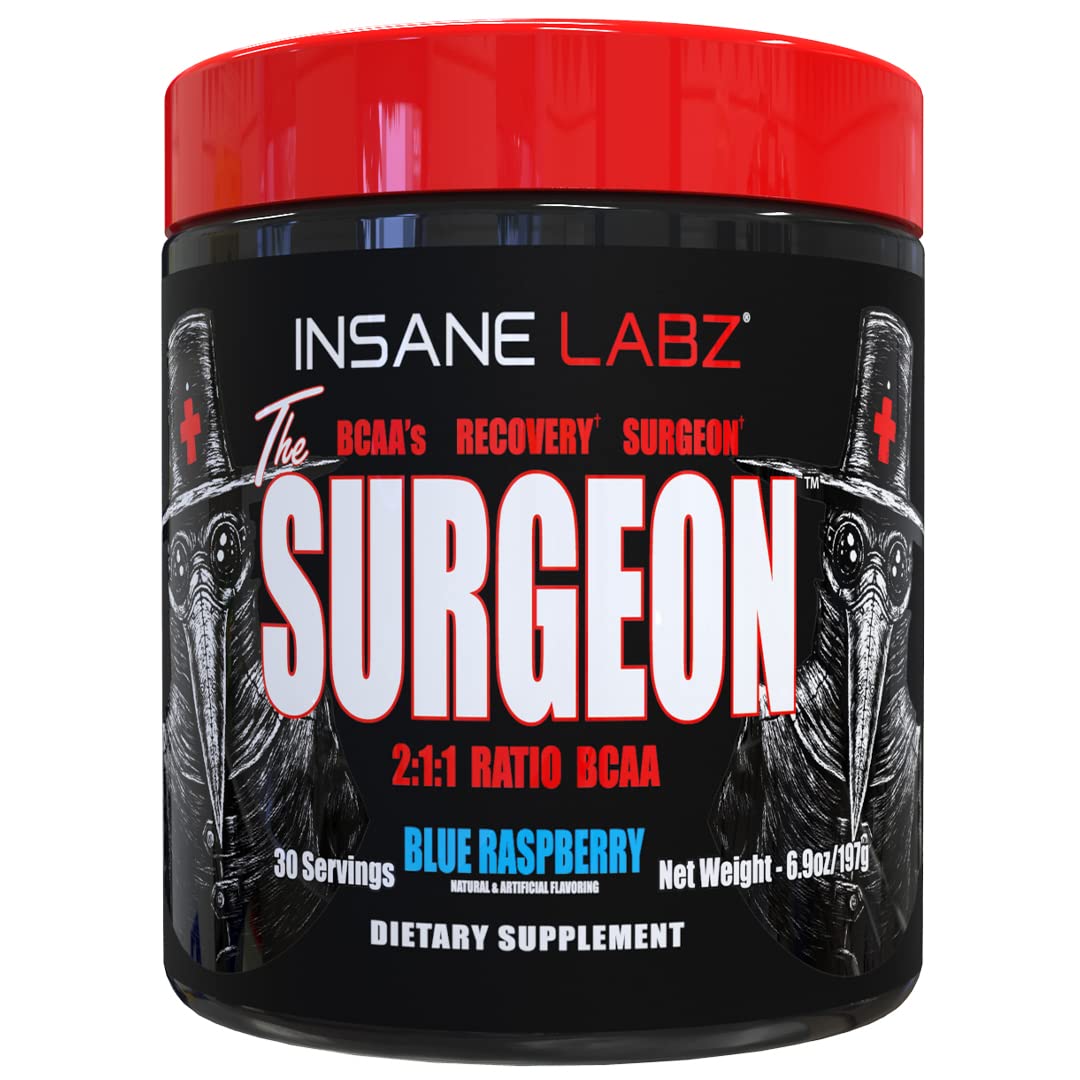 Insane Labz Surgeon BCAA Recovery blue raspberry tub for post-workout recovery.