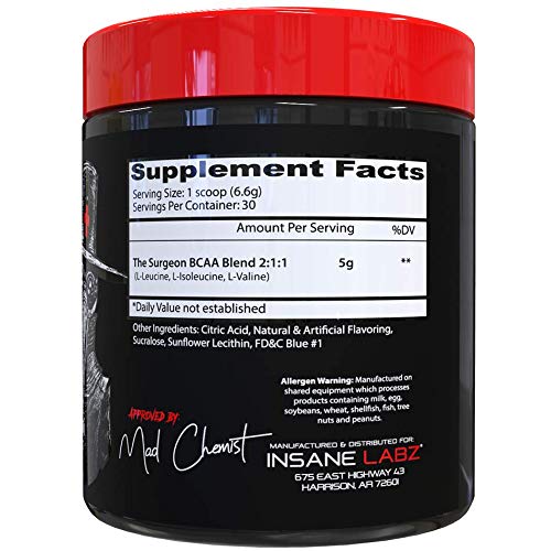 Insane Labz Surgeon BCAA ingredients close-up highlighting essential amino acids.