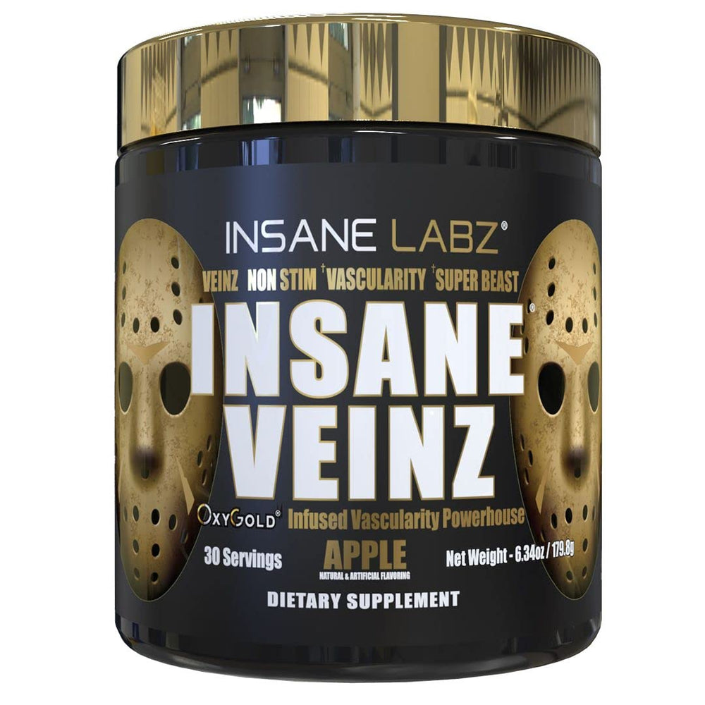 Insane Veinz Gold bottle in Apple flavor supports pre-workout vascularity.