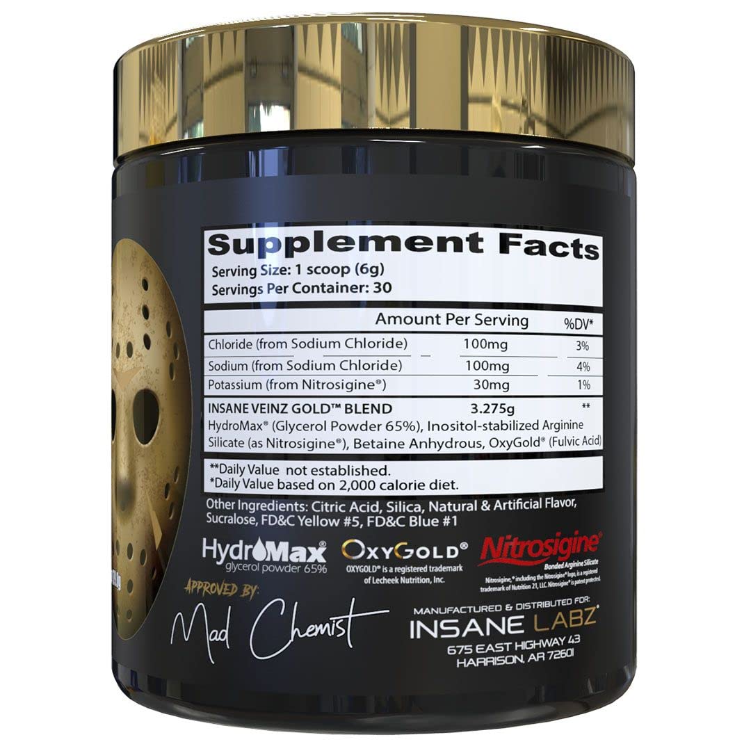 Insane Veinz Gold powder-apple jar highlights Hydromax and Nitrosigine ingredients.