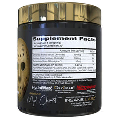 Insane Veinz Gold powder-apple jar highlights Hydromax and Nitrosigine ingredients.