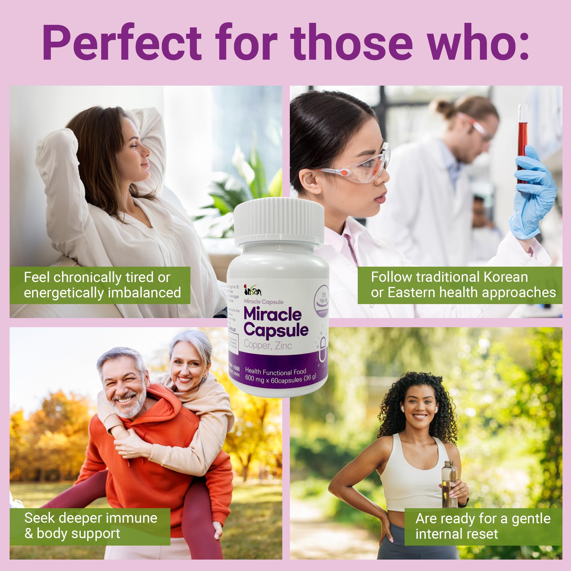 INSANORIGINS Miracle Capsule ingredients panel—highlights plant-forward blends.