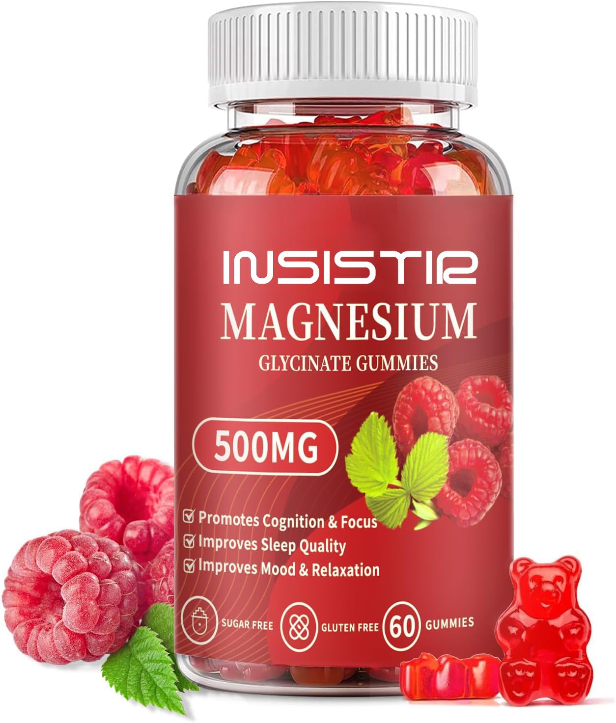 INSISTIR Magnesium Glycinate Gummies raspberry-pack ready for daily relaxation support