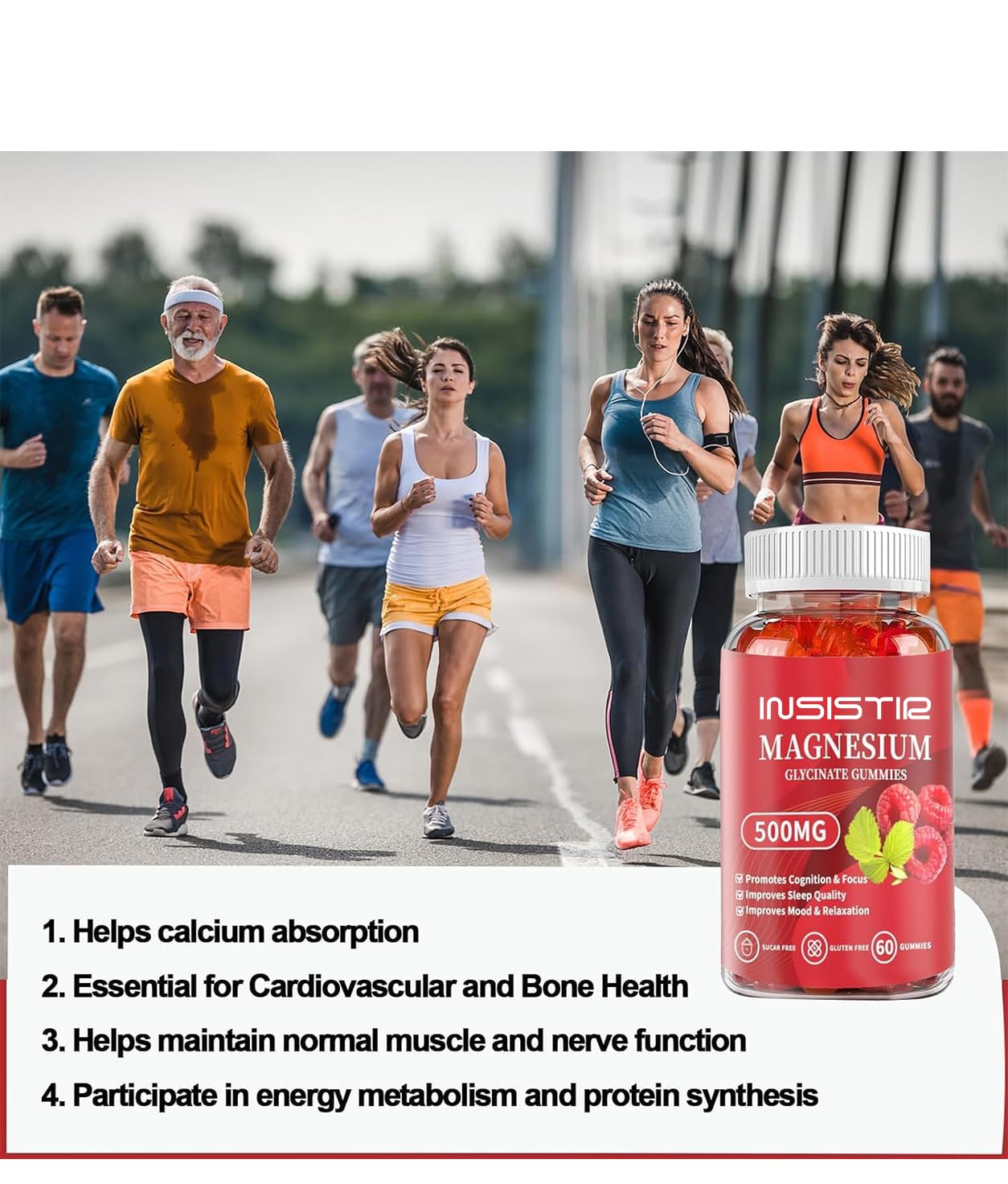 INSISTIR Magnesium Glycinate Gummies side-view emphasizes compact travel packaging