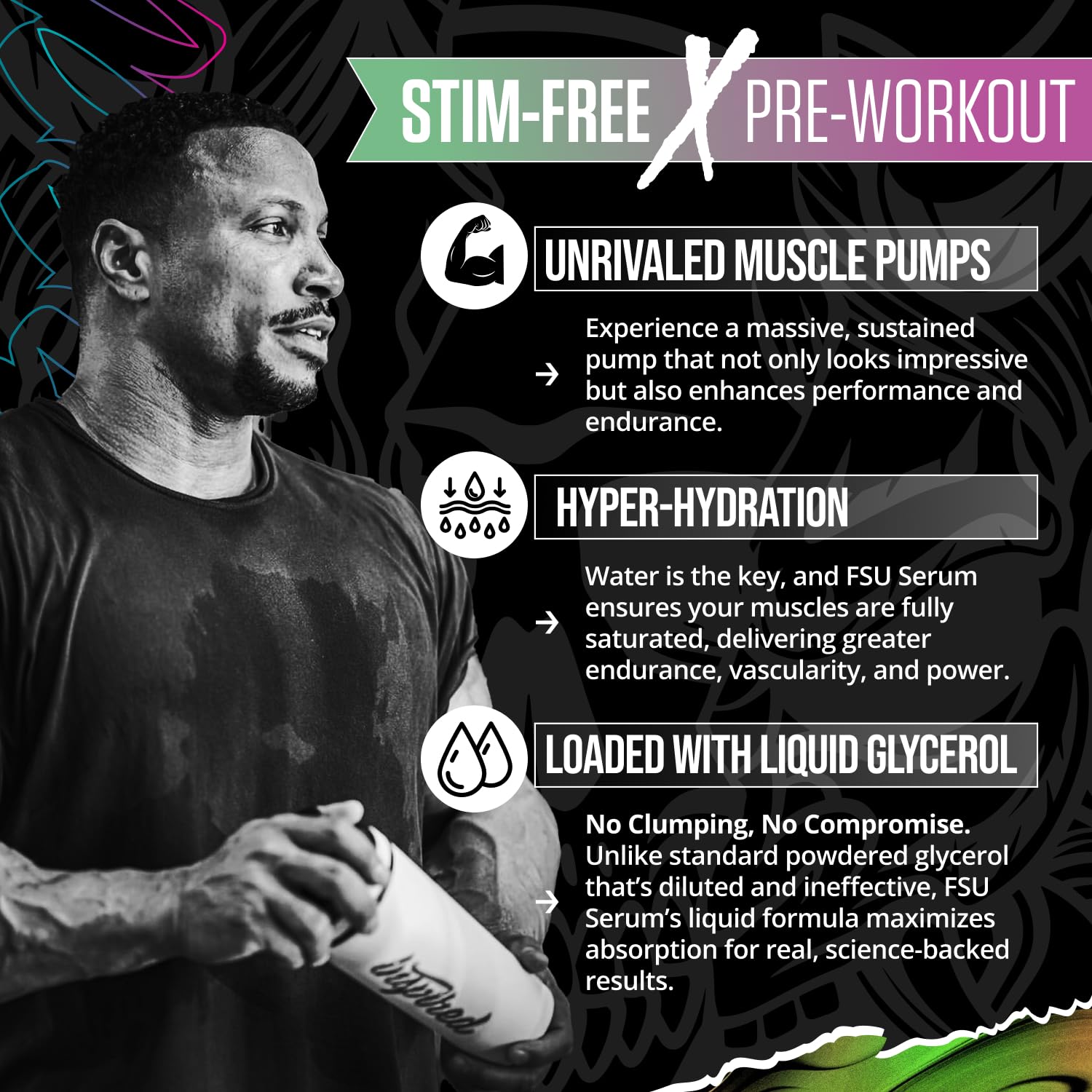 Inspired Nutraceuticals FSU Serum label closeup emphasizes high glycerol dose for muscle hydration.
