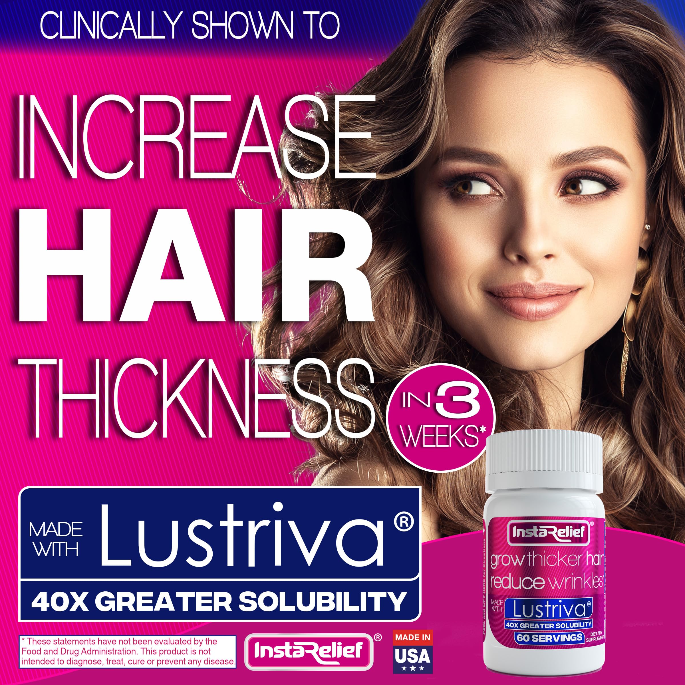 InstaRelief label close-up highlighting Lustriva for healthier hair.