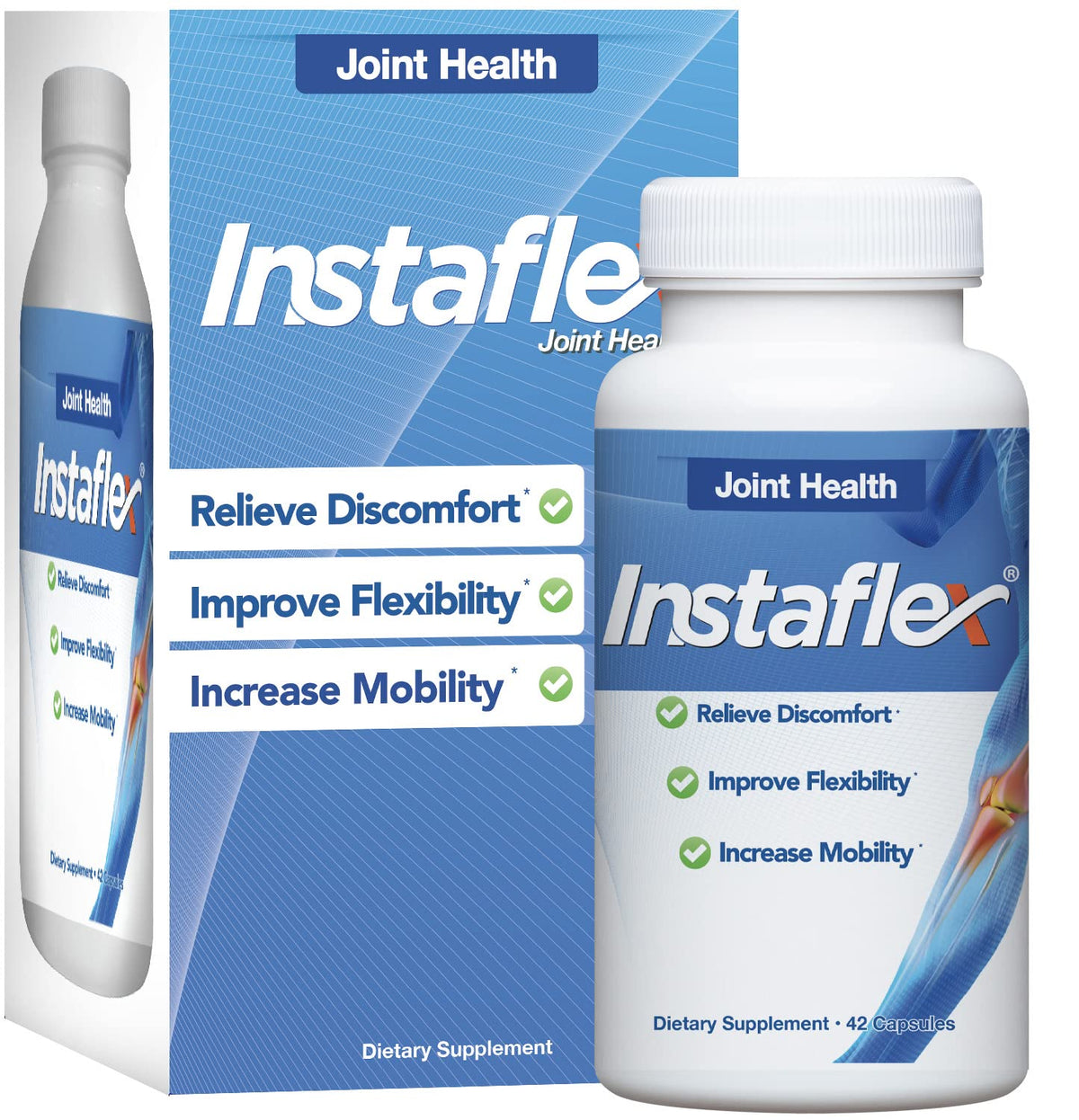 Instaflex bottle front view showing daily joint support for comfortable movement.