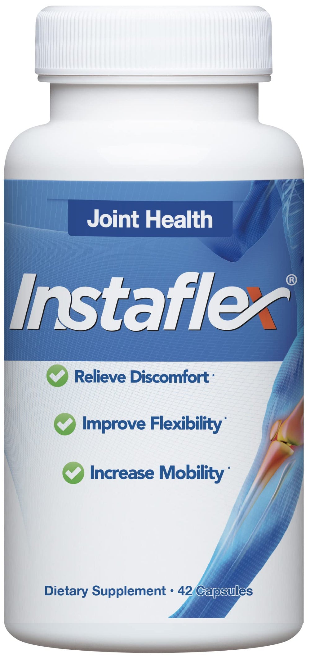 Instaflex capsules closeup highlighting the eight-ingredient blend for mobility support.