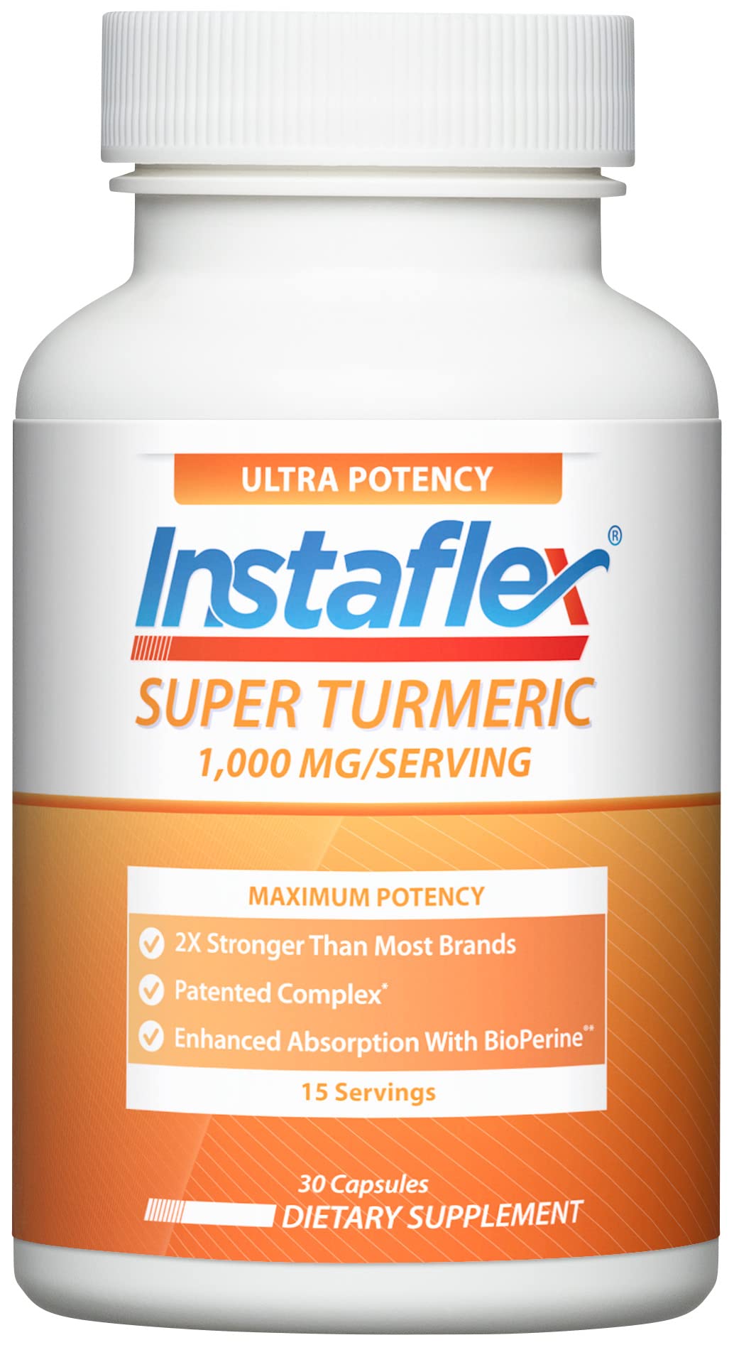 Instaflex Super Turmeric bottle label highlighting potent curcumin for daily joint support.