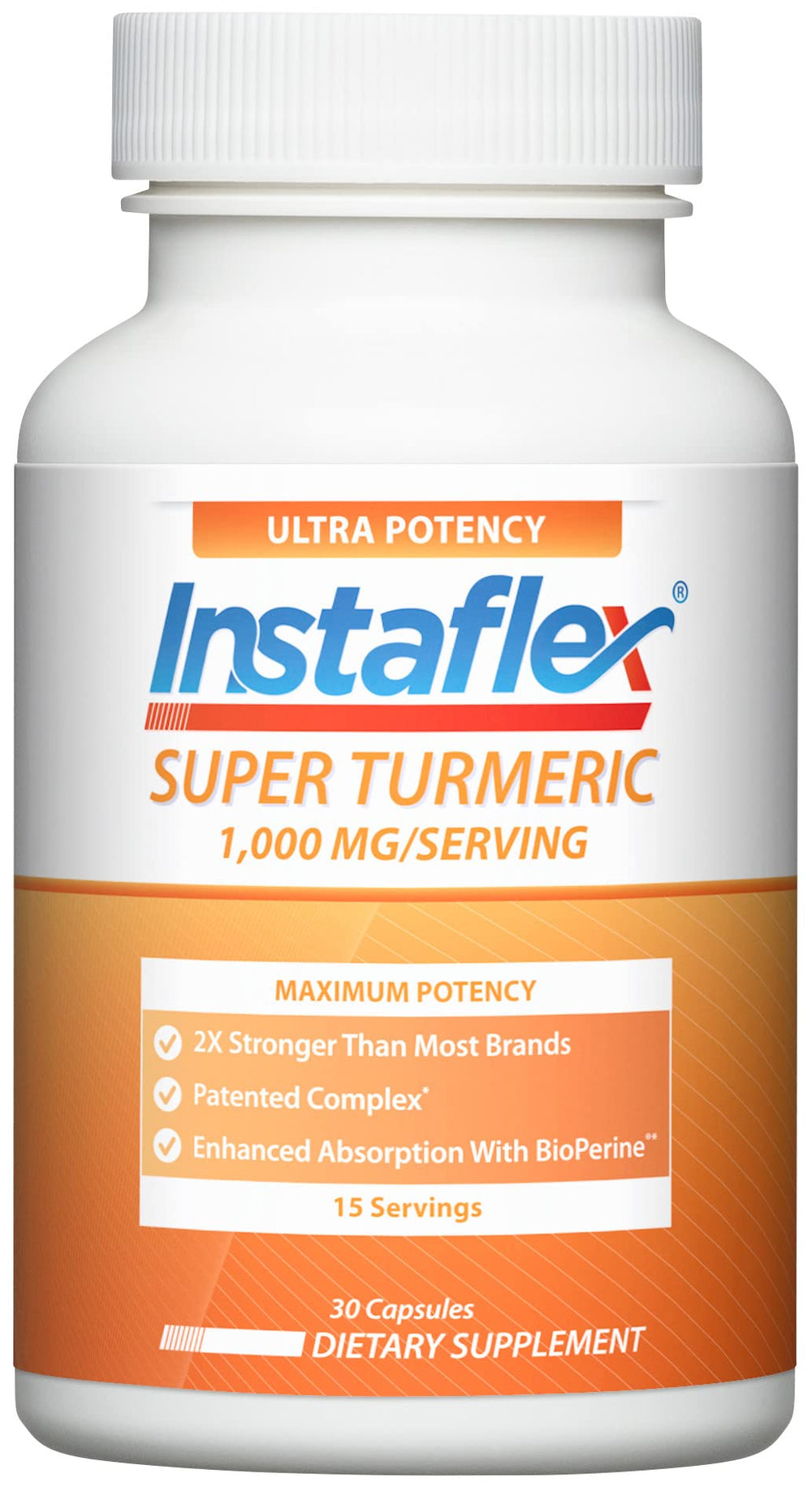 Instaflex Super Turmeric bottle label highlighting potent curcumin for daily joint support.