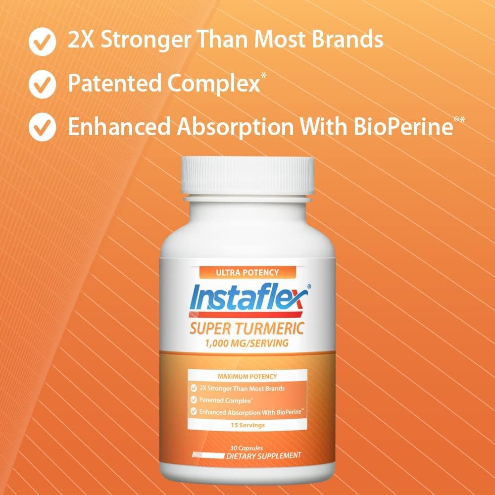 Instaflex Super Turmeric capsules close-up, 60-count bottle for daily use potential.