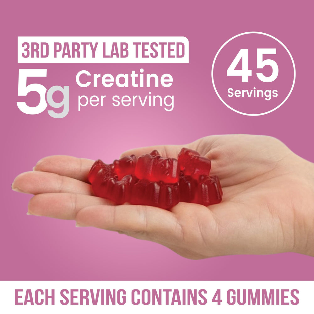 INSTAMART Creatine Gummies bottle back label shows serving details and clean ingredients.