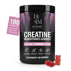 INSTAMART Creatine Gummies bottle front highlights sugar-free, strawberry flavor for on-the-go energy.
