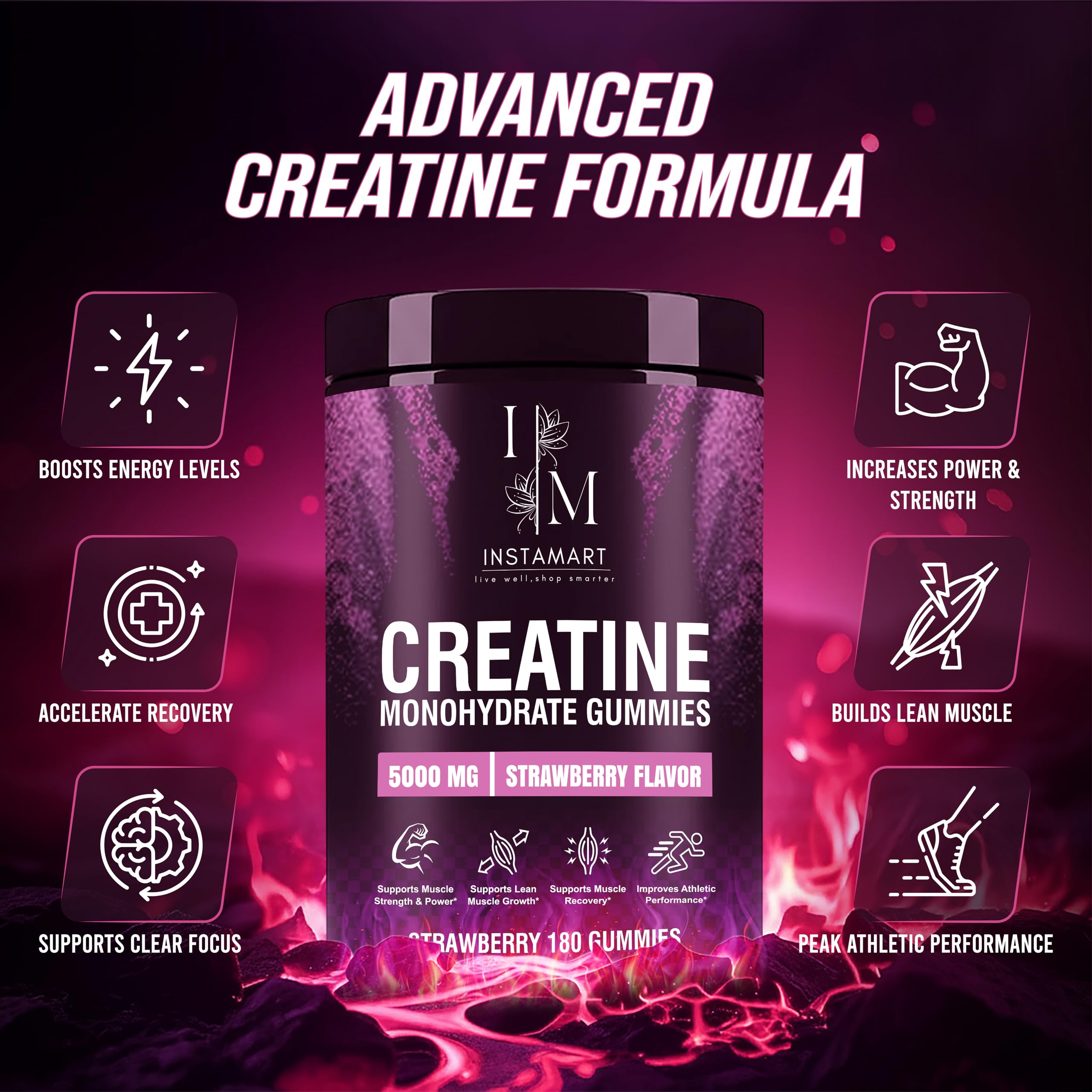INSTAMART Creatine Gummies close-up shows chewy texture and strawberry flavor.