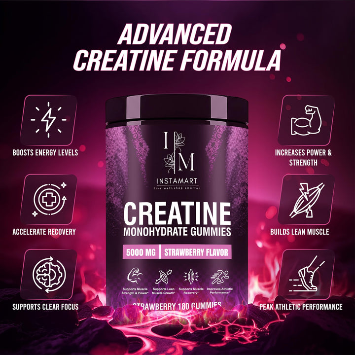 INSTAMART Creatine Gummies close-up shows chewy texture and strawberry flavor.