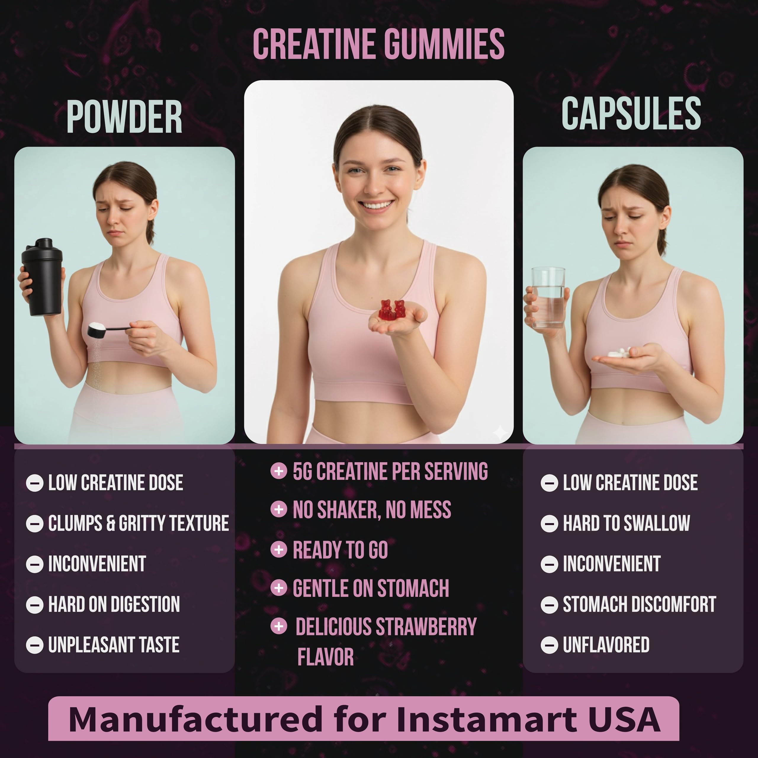 INSTAMART Creatine Gummies for men and women supports universal workouts.