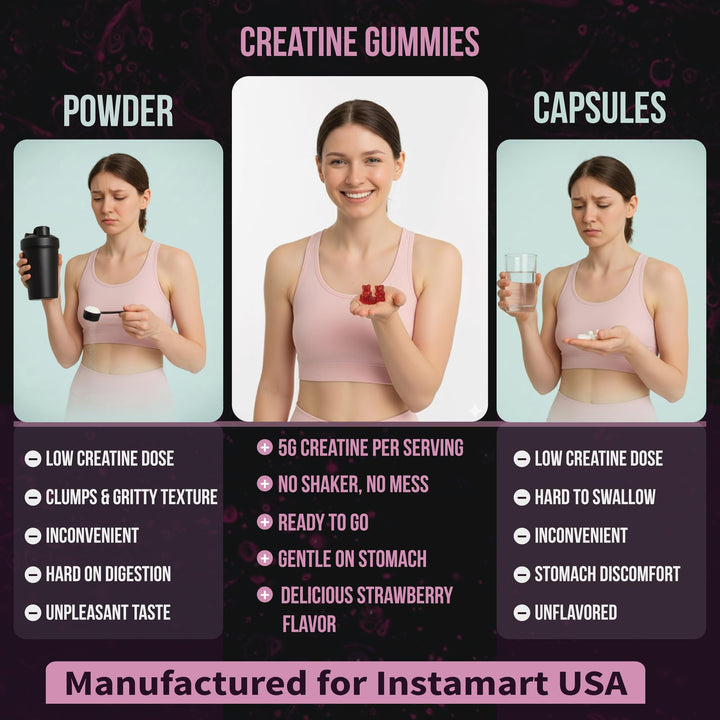 INSTAMART Creatine Gummies for men and women supports universal workouts.