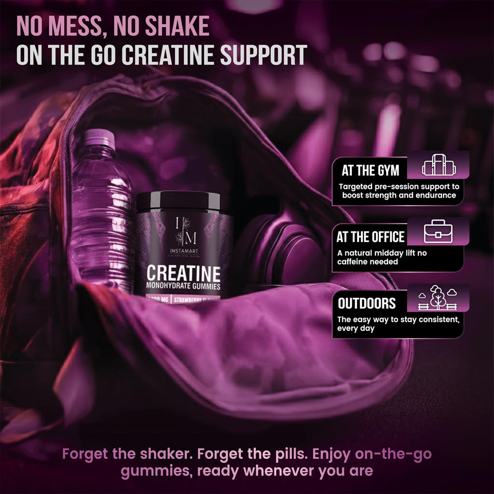 INSTAMART Creatine Gummies ideal for gym, home, travel, and daily routines.