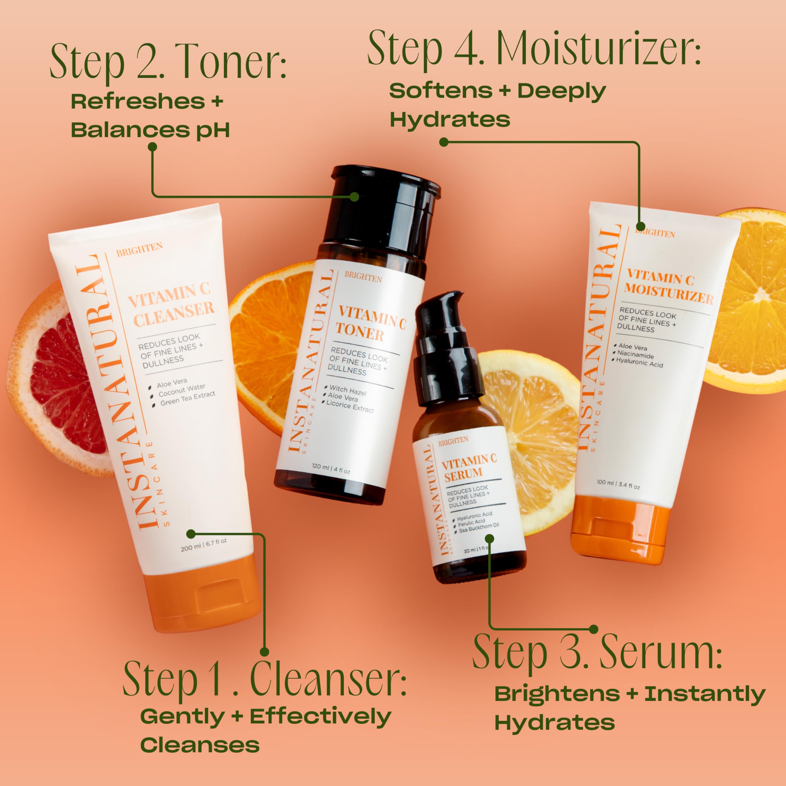 InstaNatural Vitamin C Serum application scene shows gentle skin massage