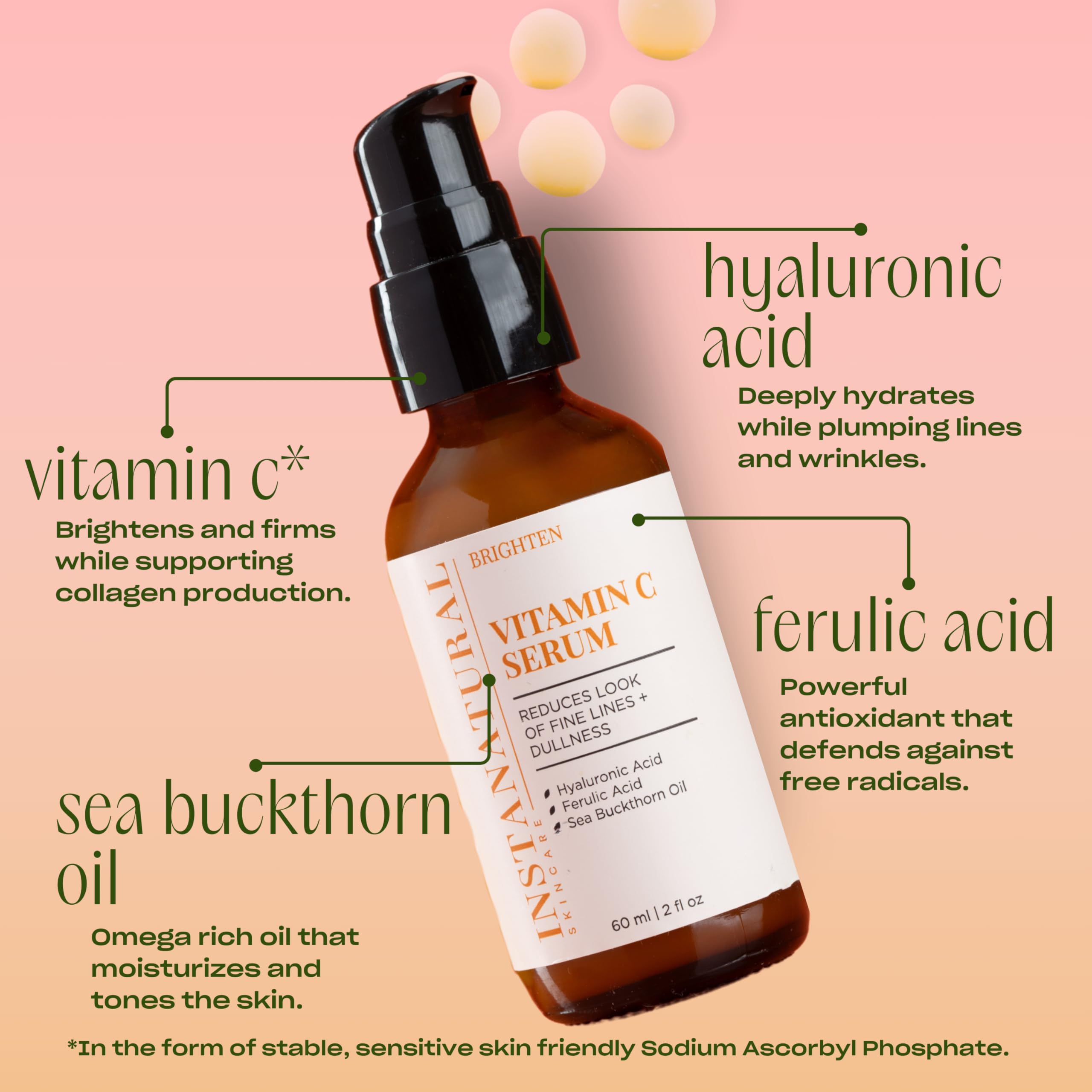 InstaNatural Vitamin C Serum alongside ingredient card emphasizing clean formula promise