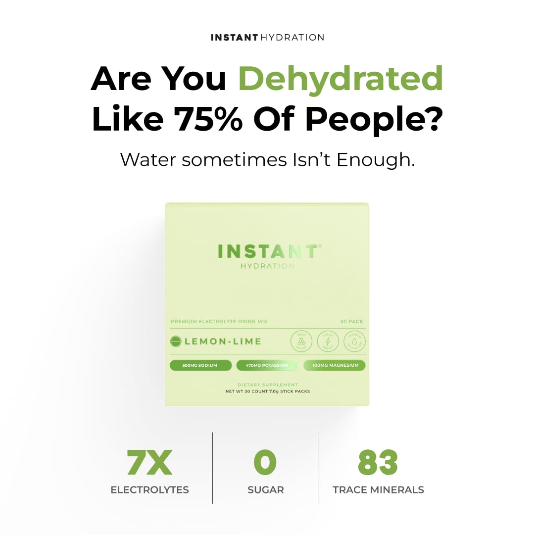 Instant Hydration Lemon-Lime sachet beside a glass of water for refreshing, zero-sugar hydration.