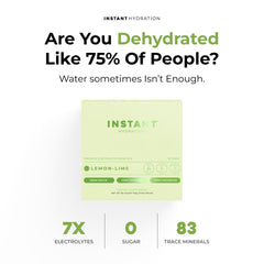 Instant Hydration Lemon-Lime sachet beside a glass of water for refreshing, zero-sugar hydration.