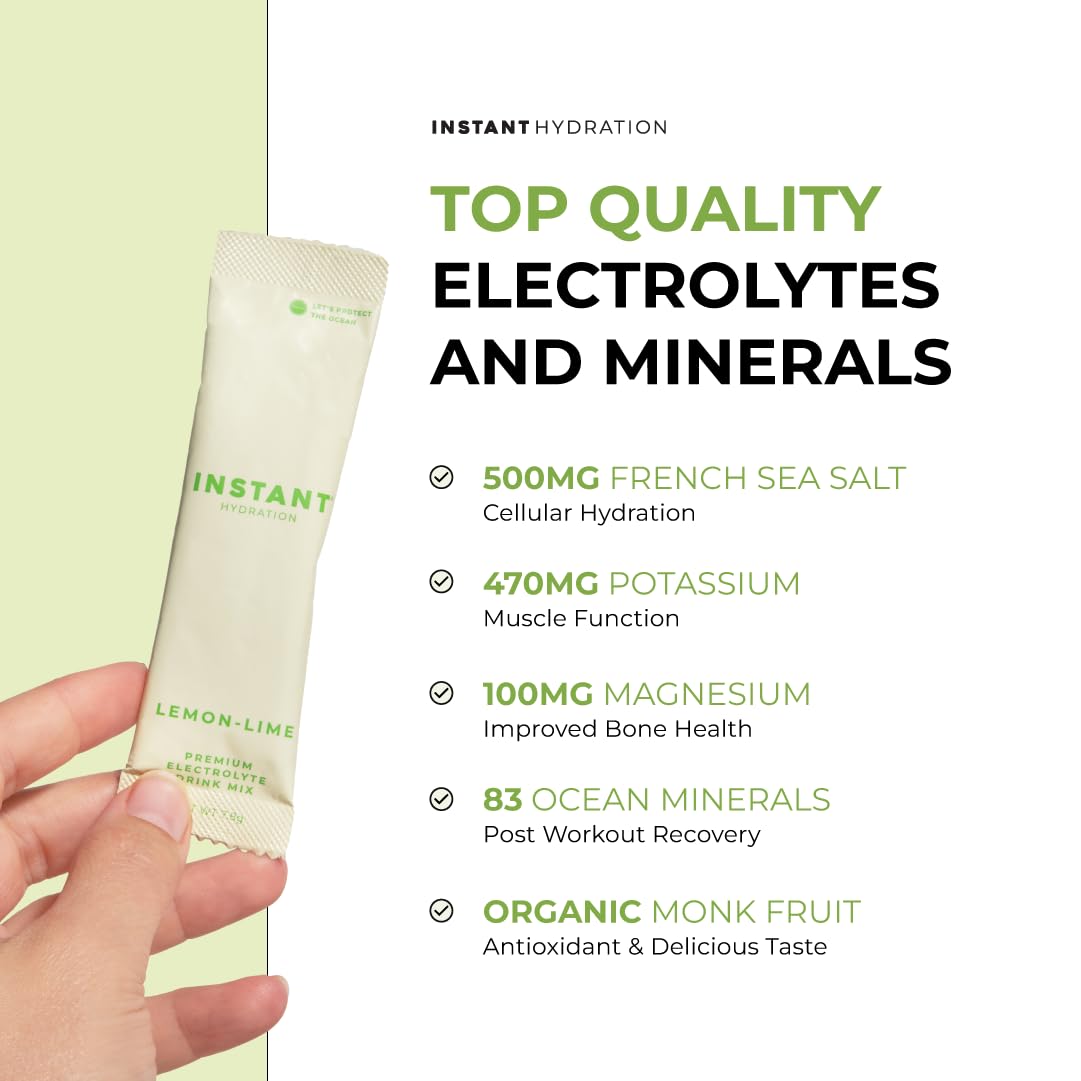 Instant Hydration Lemon-Lime sachet stirred into water, showcasing pure, natural ingredients.
