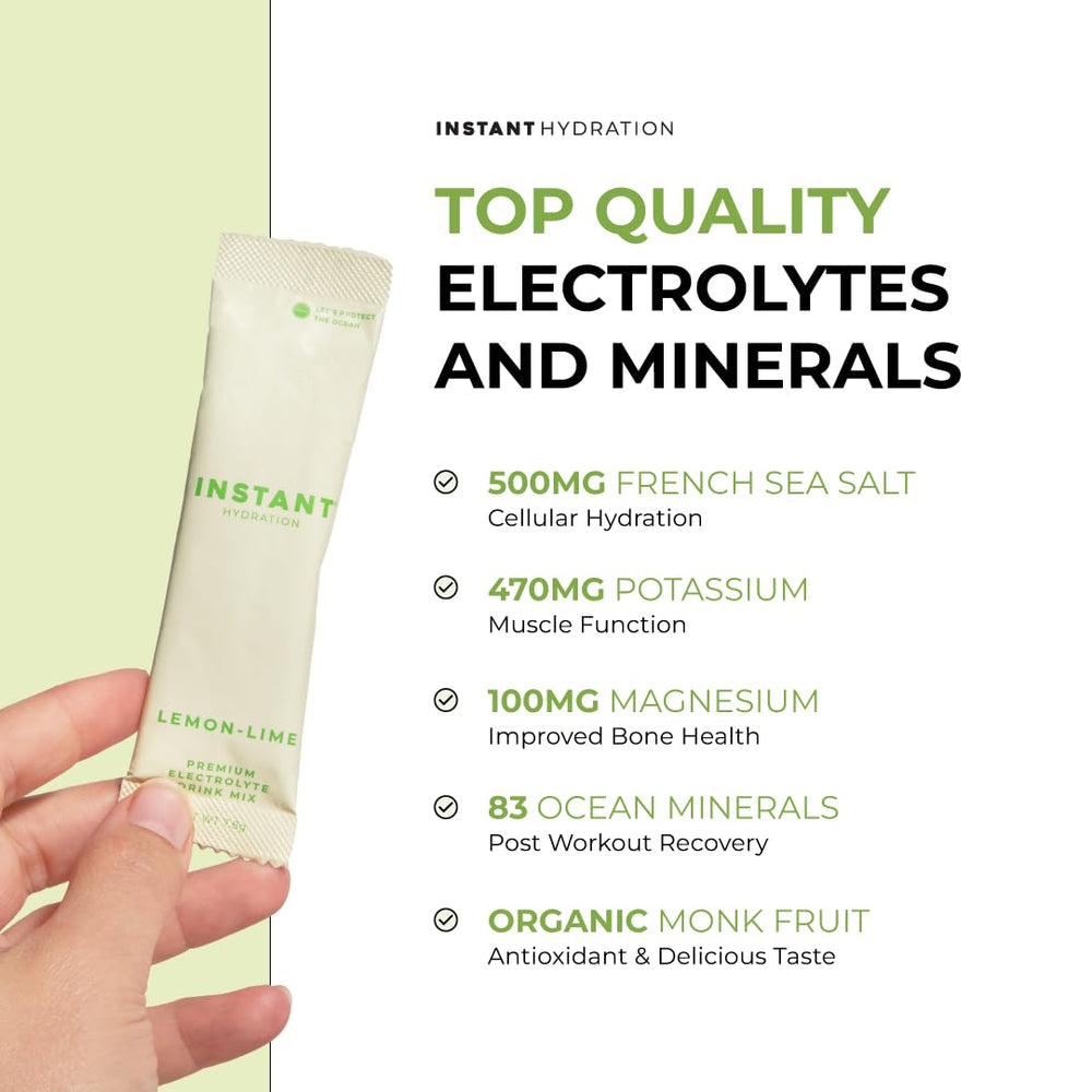 Instant Hydration Lemon-Lime sachet stirred into water, showcasing pure, natural ingredients.