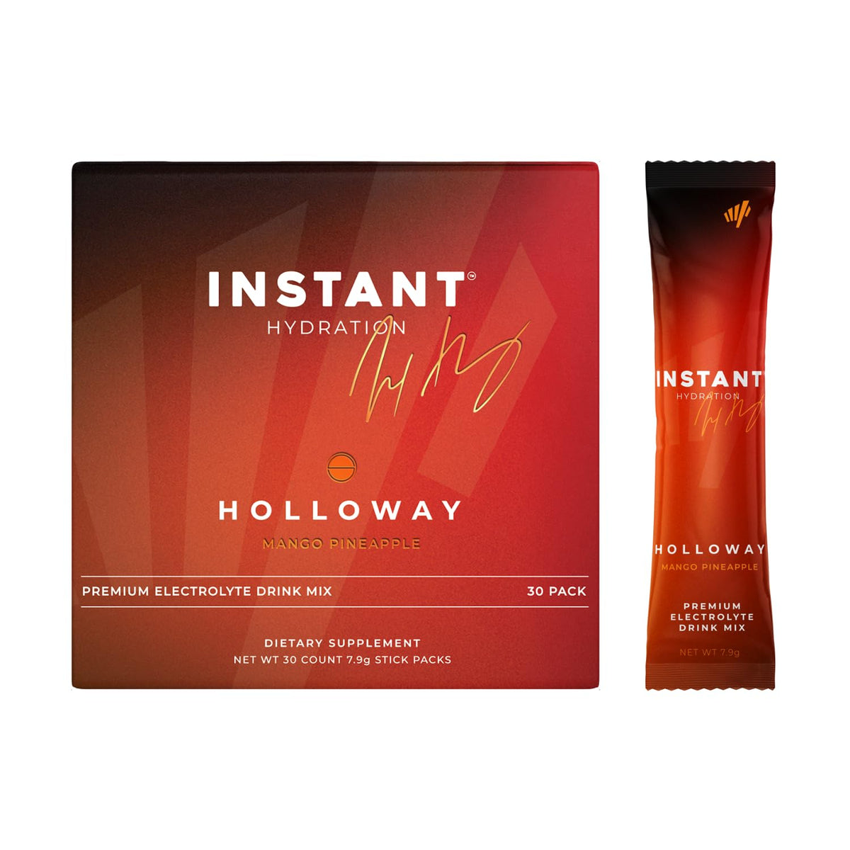 Instant Hydration mango pineapple flavor packets on shelf for convenient, sugar-free hydration.
