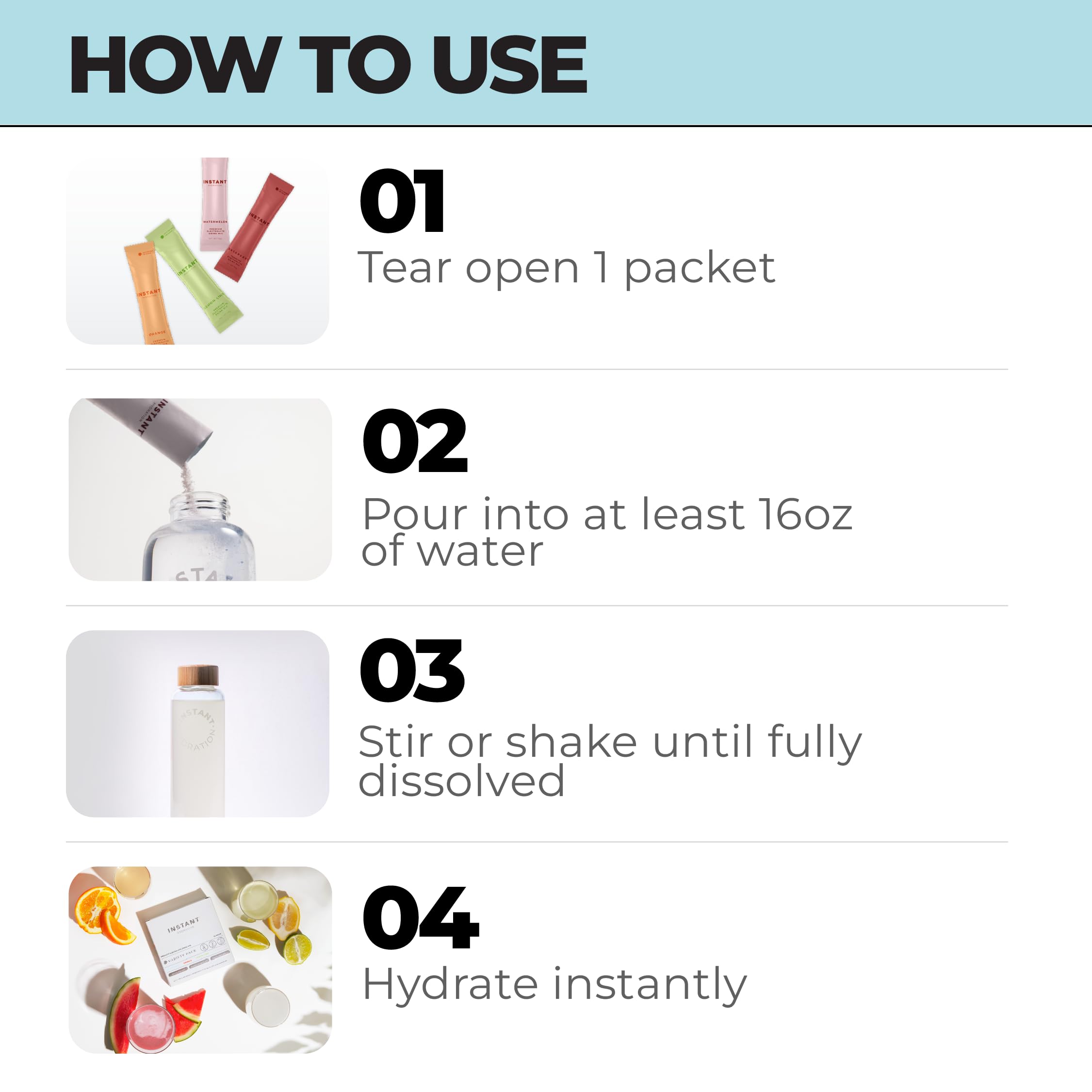 Instant Hydration pour-into-bottle demonstrates fast preparation and smooth flavor.