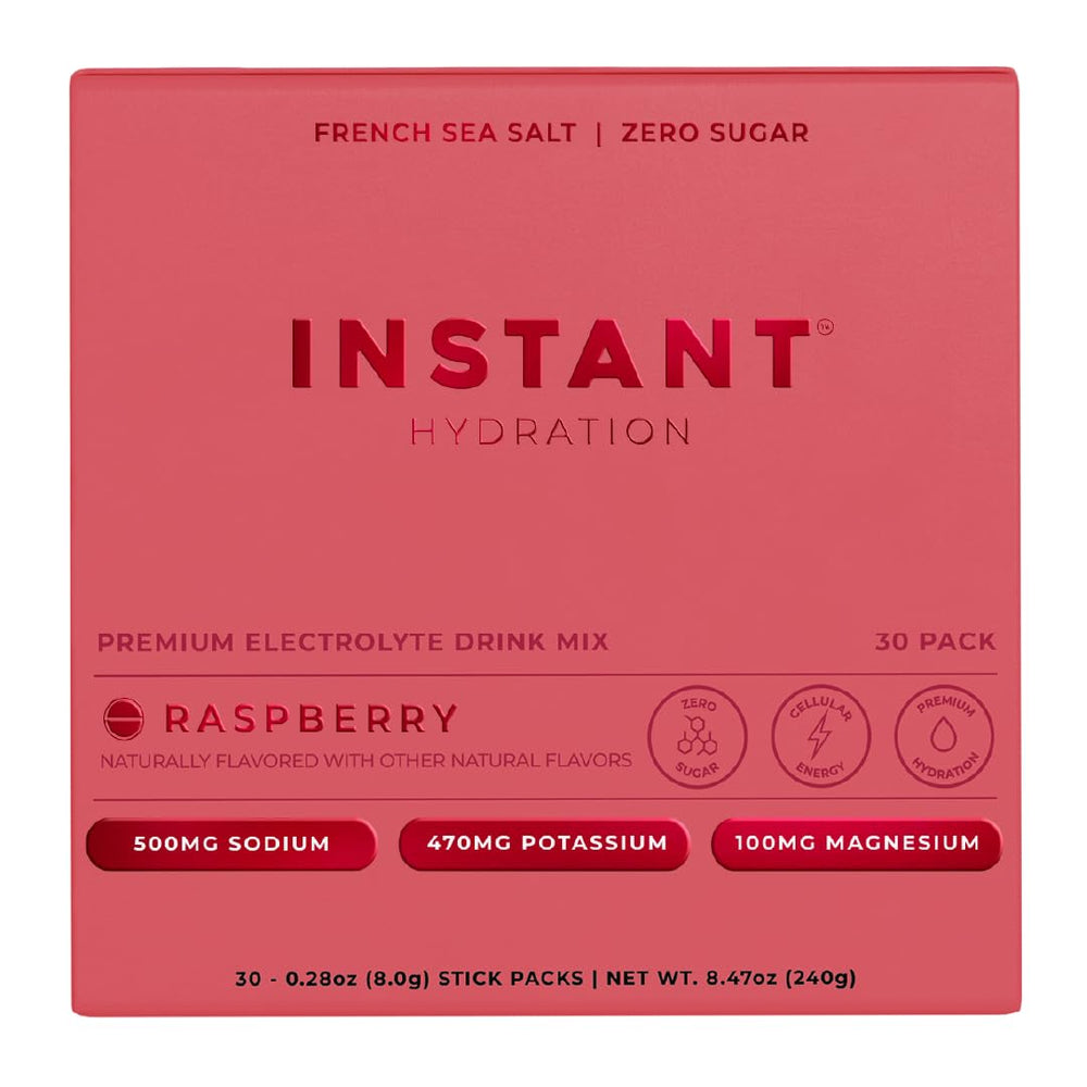 Instant Hydration raspberry electrolyte drink packets close-up for on-the-go hydration
