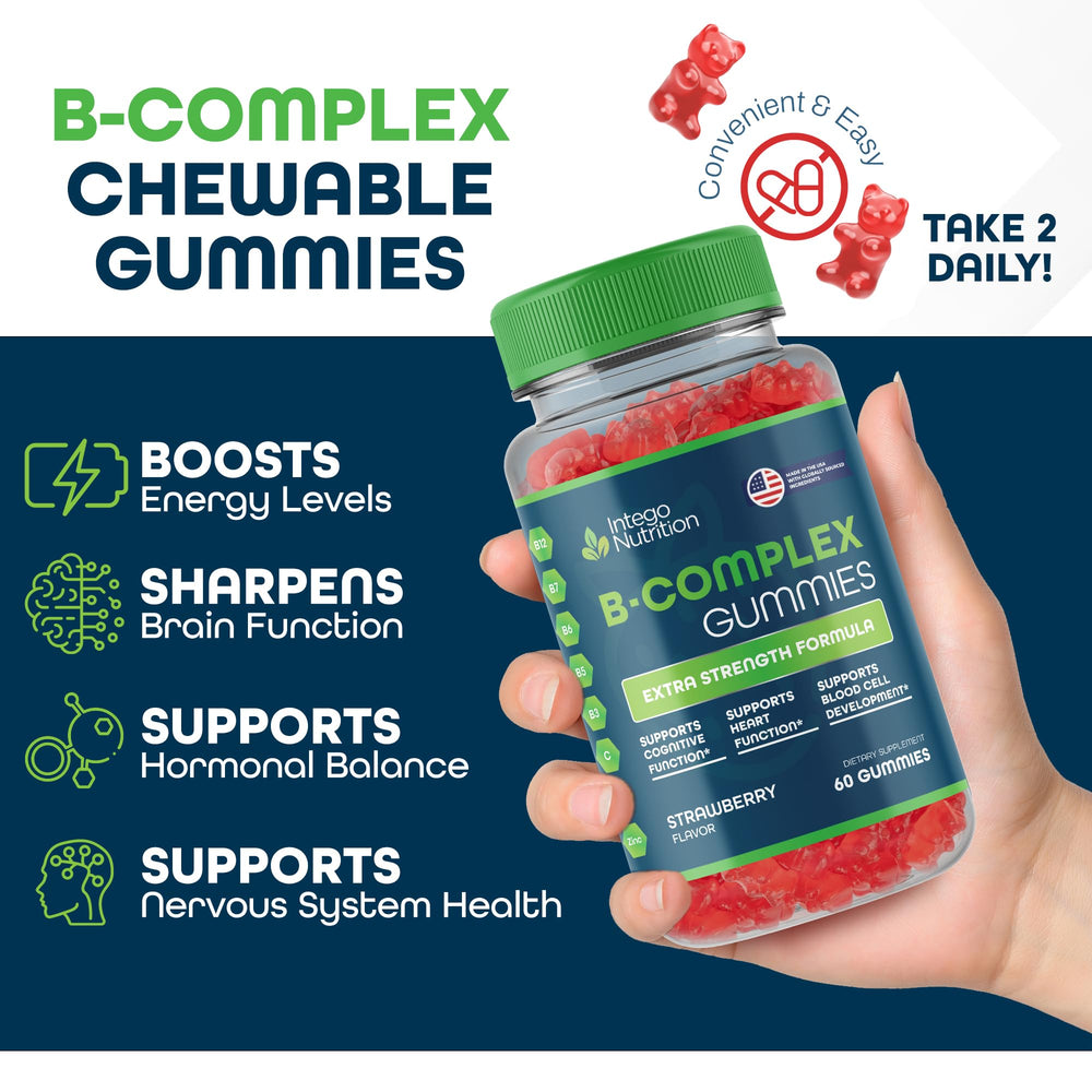 INTEGO NUTRITION Vitamin B Complex Gummies packaging highlights vegetarian formula and USA-made quality