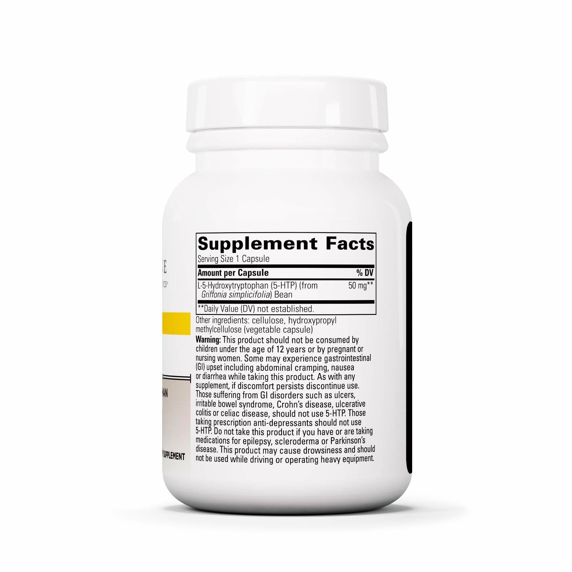 Close-up of 5-HTP capsules shows vegan, dairy-free daily use.
