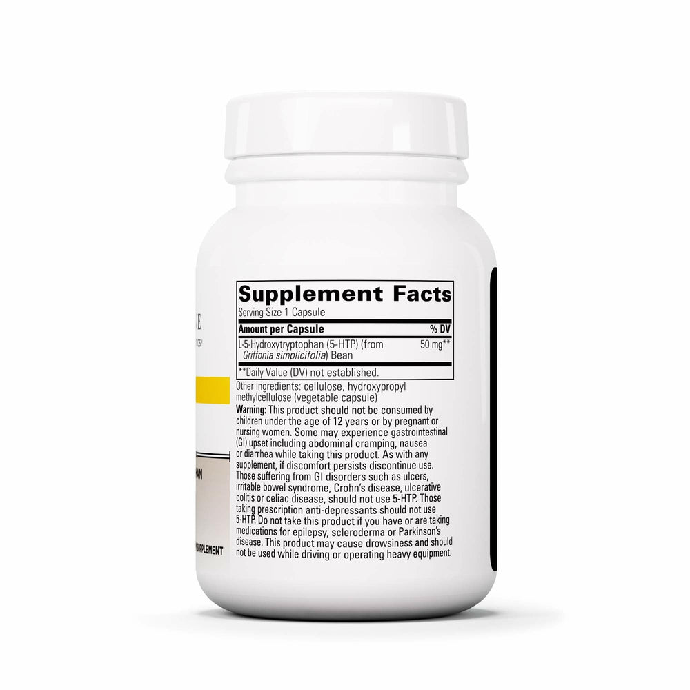Close-up of 5-HTP capsules shows vegan, dairy-free daily use.