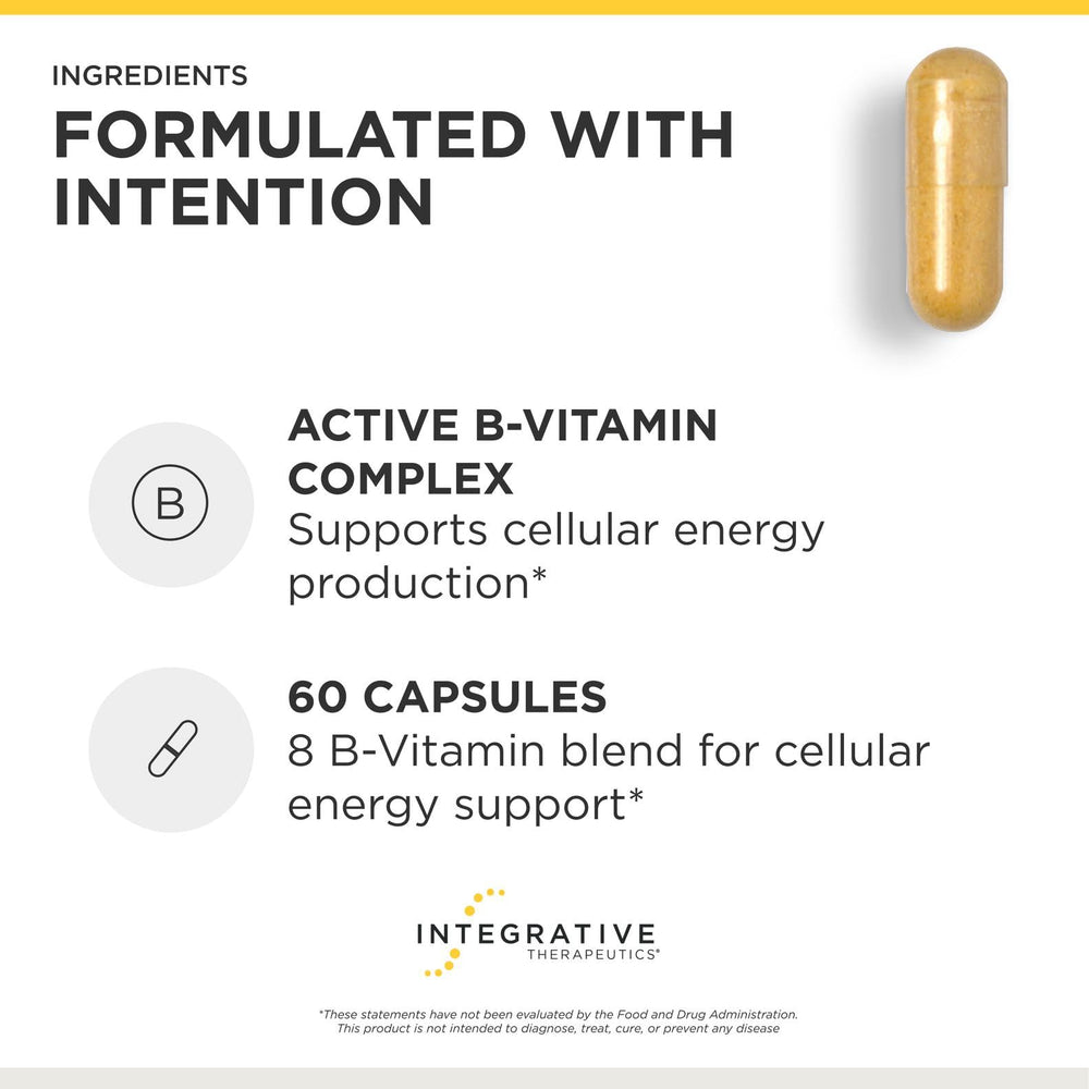 Gluten-free mark on Integrative Therapeutics Active B-Complex bottle supports dietary needs.