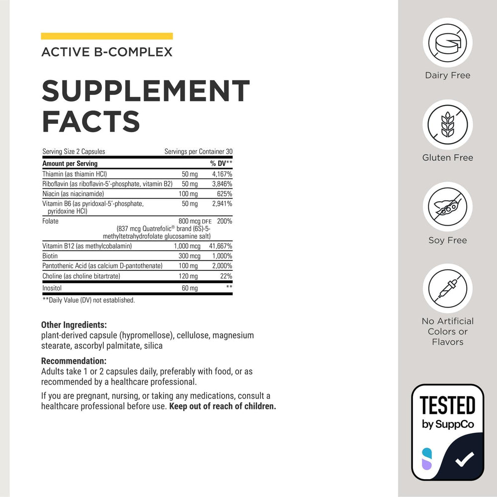 Integrative Therapeutics Active B-Complex label view highlighting gluten-free claim.