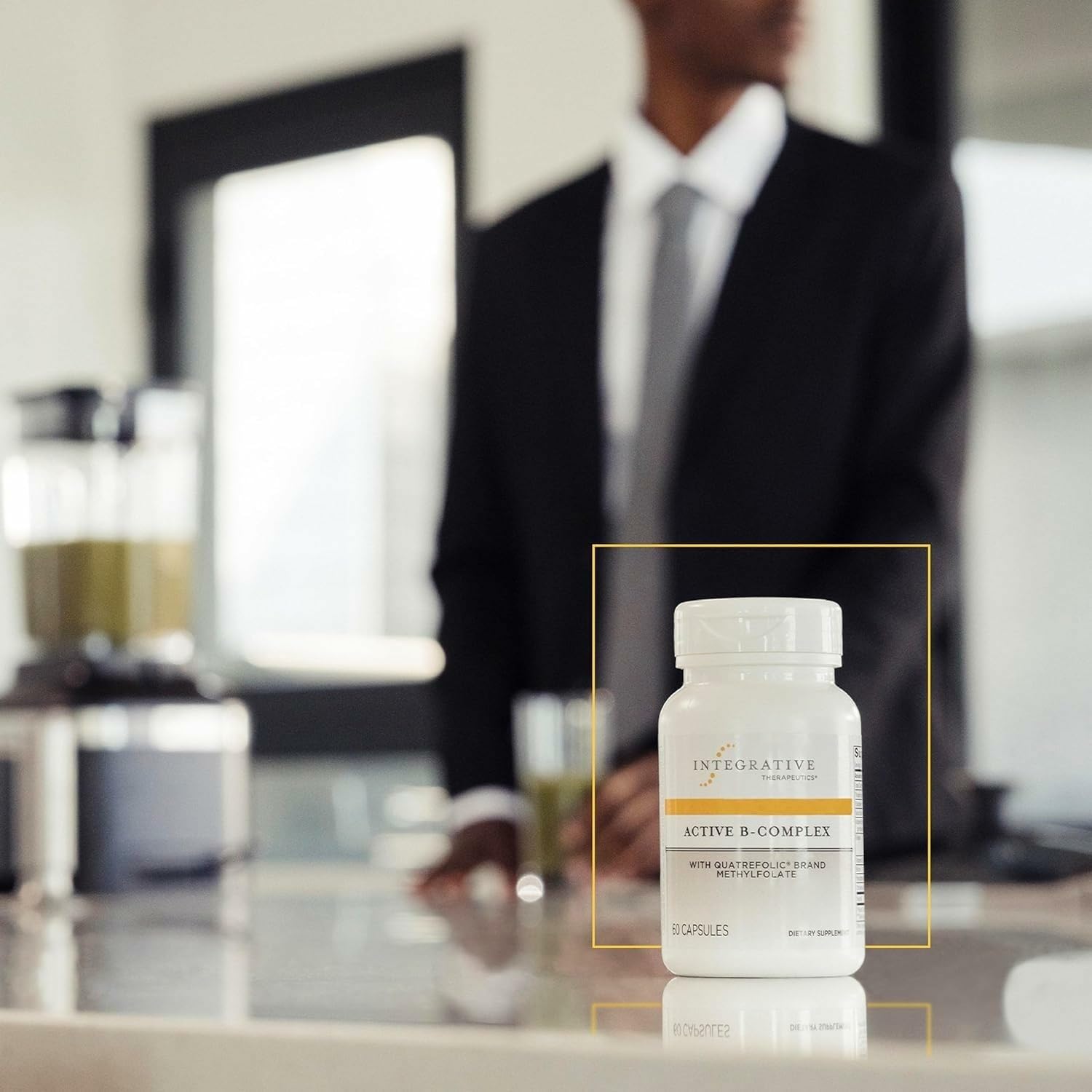 Integrative Therapeutics Active B-Complex glass of water and capsule ready for on-the-go daily wellness.