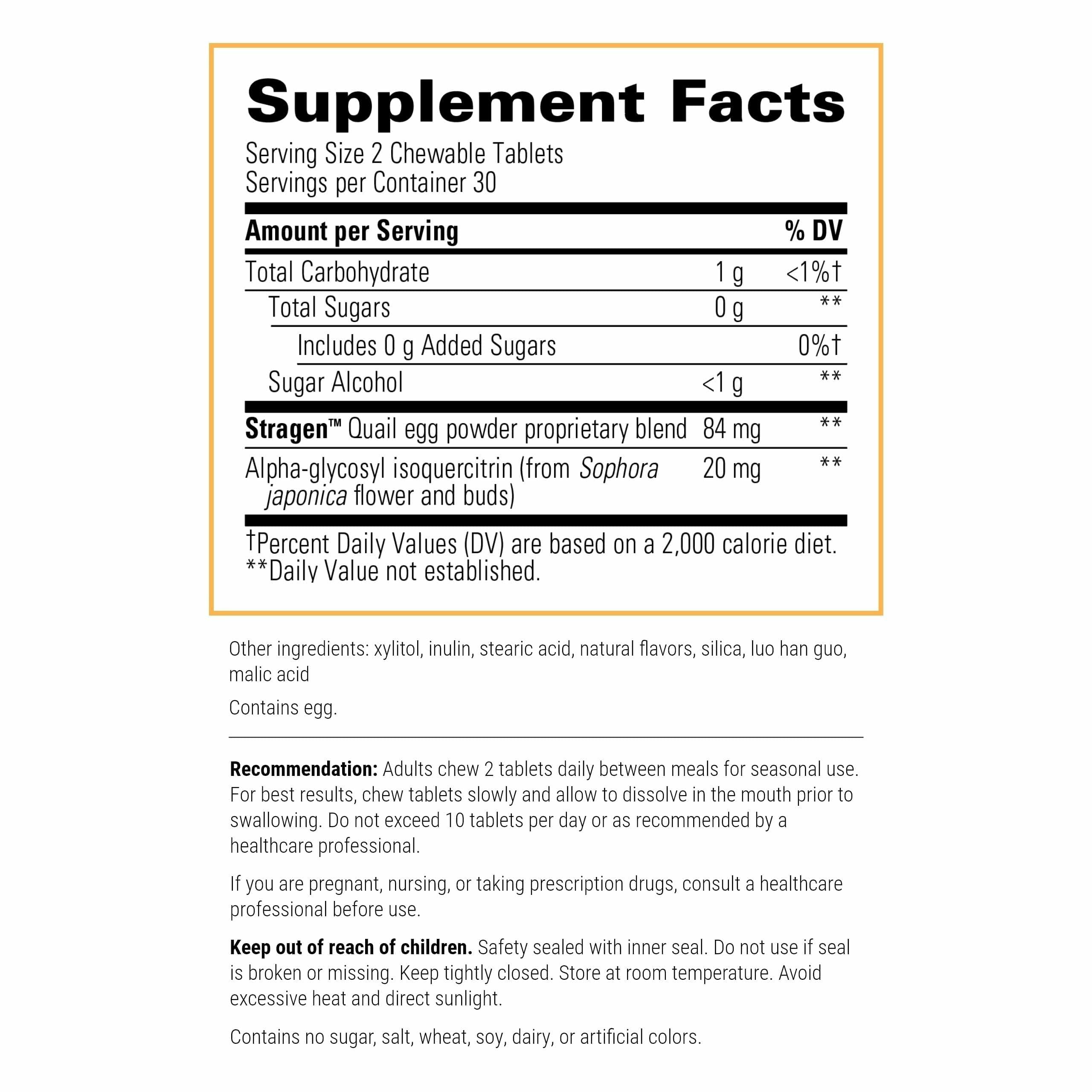AllQlear bottle back label highlighting quail egg powder and allergen-free formula